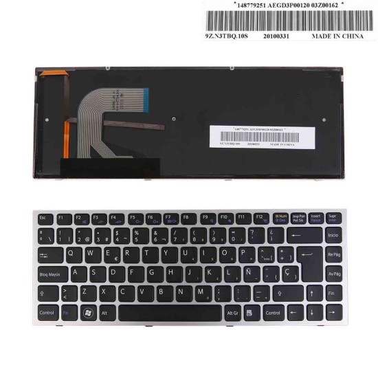 TECLADO COM RETROILUMINAÇÃO PARA PORTÁTIL SONY VAIO VPC-S SERIES COM MOLDURA PRATEADA