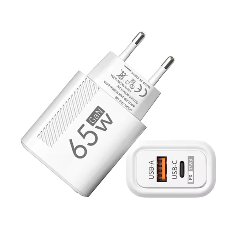 Carregador GaN 65W USB-C USB-A com carregamento rápido PD e QC3.0 Branco