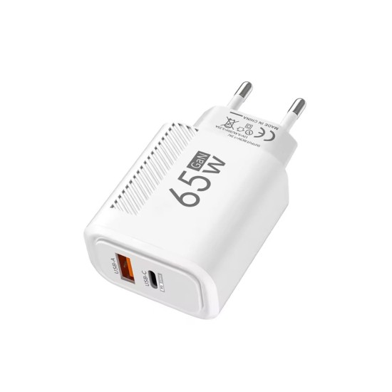 Carregador USB-C GaN 65W + Cabo 1m Branco | Carregamento rápido PD + QC3.0