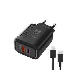 Carregador USB-C GaN 65W + Cabo 1m Branco | Carregamento rápido PD + QC3.0