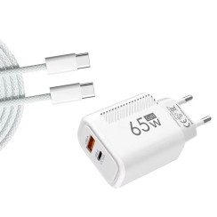 Carregador USB-C GaN 65W + Cabo 1m Branco | Carregamento rápido PD + QC3.0