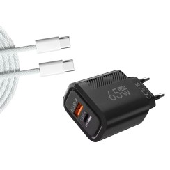 Carregador USB-C GaN 65W + Cabo 1m Branco | Carregamento rápido PD + QC3.0